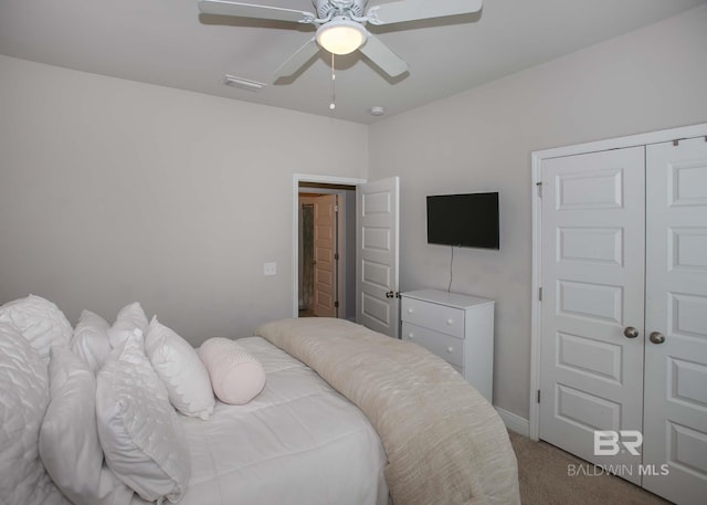 bedroom with carpet floors, a ceiling fan, visible vents, and a closet
