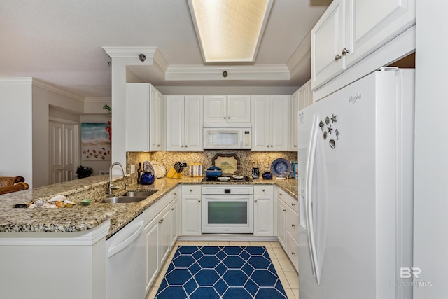 kitchen with light tile patterned floors, white appliances, a sink, ornamental molding, and backsplash