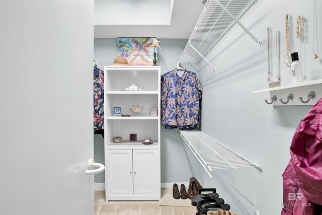 spacious closet featuring light carpet