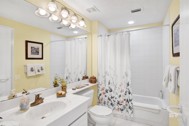 bathroom with shower / bath combination with curtain, visible vents, a textured ceiling, and toilet