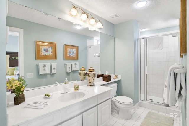 full bath with a stall shower, a textured ceiling, toilet, and tile patterned floors