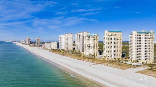 aerial view with a view of city, a water view, and a view of the beach