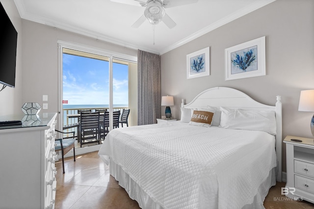 bedroom with access to exterior, crown molding, a water view, light tile patterned floors, and a ceiling fan