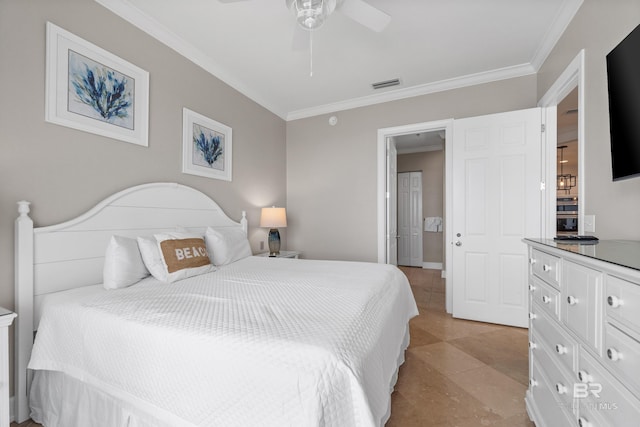 bedroom featuring crown molding, a ceiling fan, and visible vents