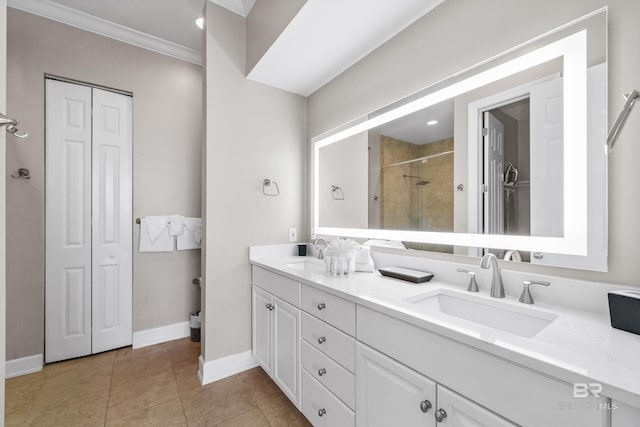 bathroom featuring a sink, a closet, double vanity, and a shower stall