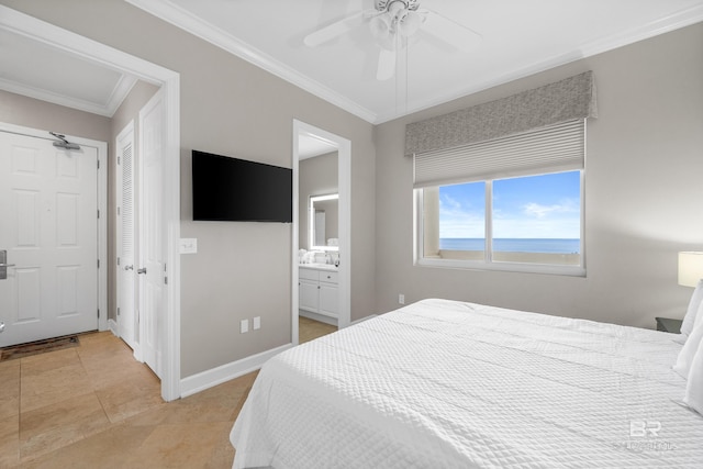 bedroom with baseboards, ensuite bath, light tile patterned flooring, ceiling fan, and ornamental molding