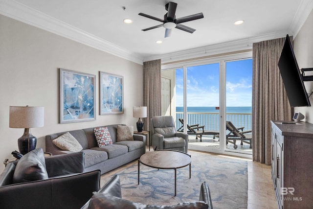 living area featuring light tile patterned floors, recessed lighting, crown molding, and ceiling fan