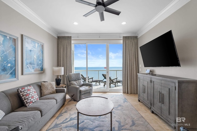 living room with light tile patterned floors, recessed lighting, ceiling fan, and crown molding