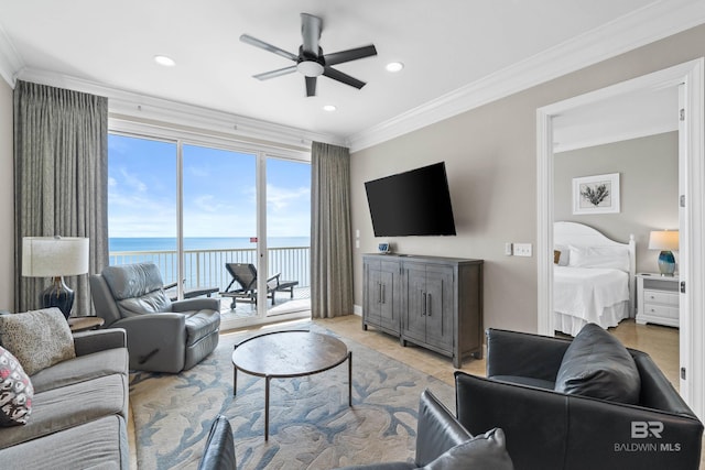 living room with recessed lighting, ceiling fan, crown molding, and light tile patterned floors