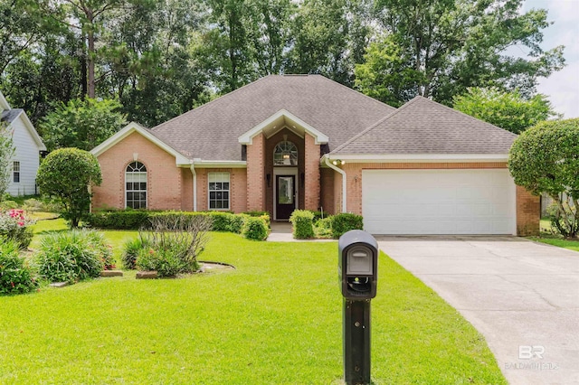 19711 Hunters Loop, Fairhope, AL 36532 - view of front facade with brick siding, a garage, driveway, a front lawn, and a shingled roof