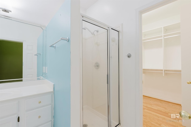 19711 Hunters Loop, Fairhope, AL 36532 - bathroom featuring a shower stall, vanity, wood finished floors, and a walk in closet