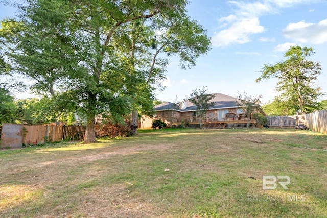view of yard with a deck and a fenced backyard