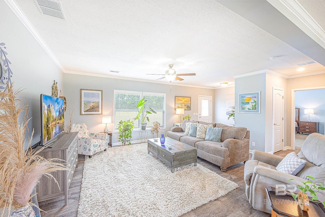 living room featuring ceiling fan, ornamental molding, wood-type flooring, and a textured ceiling