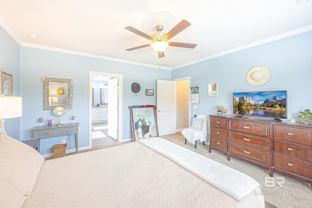 carpeted bedroom with ceiling fan, ornamental molding, and ensuite bath