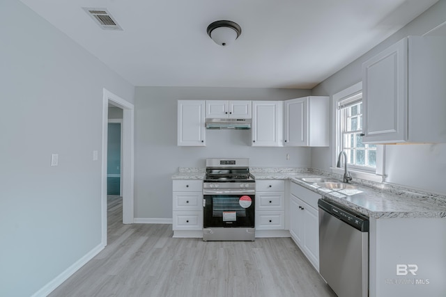 kitchen featuring sink, light wood-type flooring, white cabinets, and appliances with stainless steel finishes