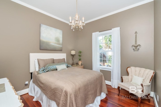 bedroom featuring crown molding, a chandelier, and hardwood / wood-style flooring