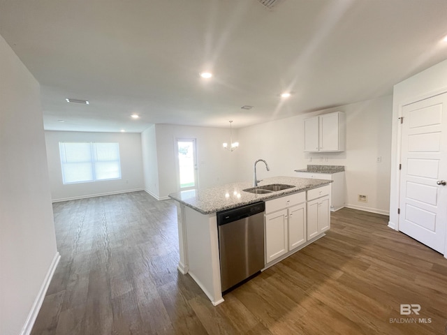 kitchen with sink, stainless steel dishwasher, dark hardwood / wood-style floors, an island with sink, and white cabinets