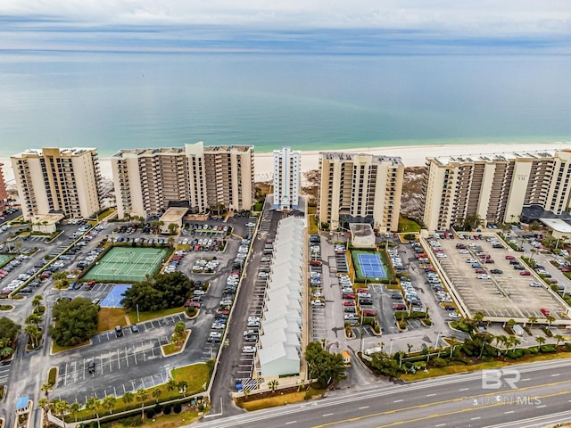 drone / aerial view with a water view and a view of the beach