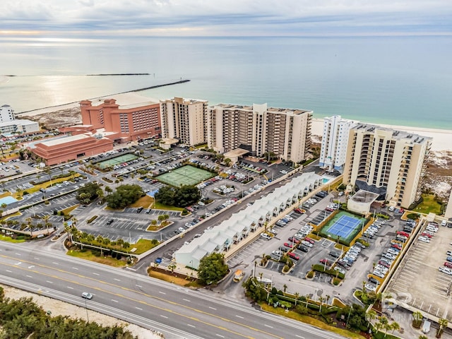 drone / aerial view with a water view and a view of the beach