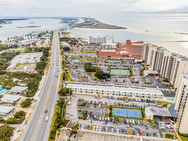 bird's eye view with a water view