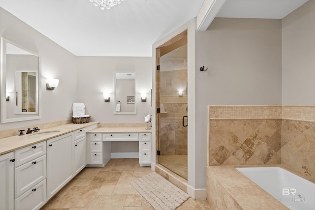 full bathroom featuring vanity, a bath, and a shower stall