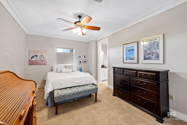 bedroom featuring crown molding, baseboards, ceiling fan, and light carpet