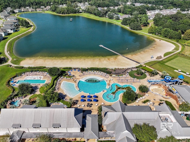 bird's eye view with a water view