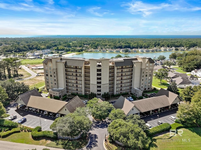 bird's eye view with a water view
