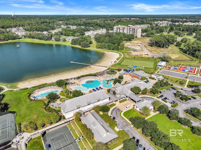aerial view featuring a water view