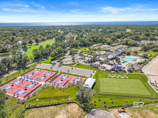 drone / aerial view featuring a water view