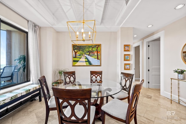 dining area with an inviting chandelier, baseboards, recessed lighting, and stone tile flooring