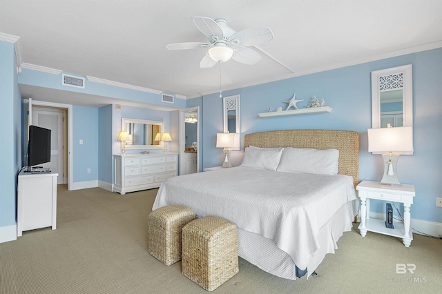 carpeted bedroom with ornamental molding, visible vents, and baseboards