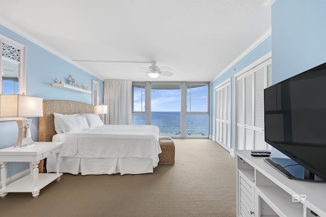 carpeted bedroom featuring ornamental molding, expansive windows, access to exterior, and ceiling fan