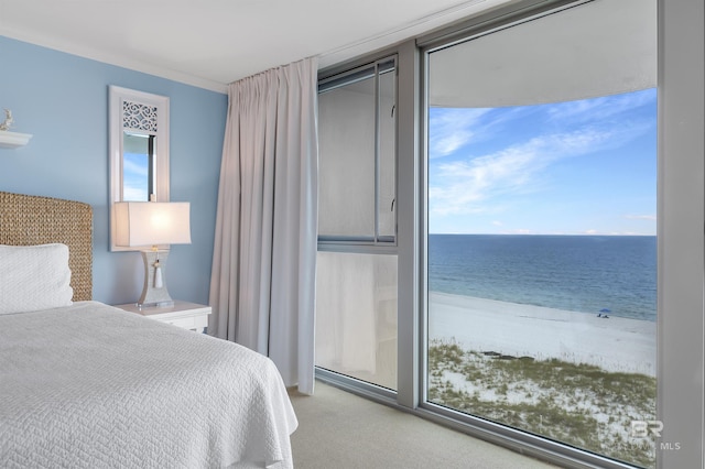 bedroom with a water view, multiple windows, a beach view, and light colored carpet