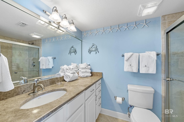 full bath with toilet, vanity, a shower stall, and visible vents