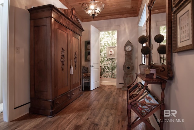 doorway with wooden ceiling, a wealth of natural light, and dark hardwood / wood-style flooring