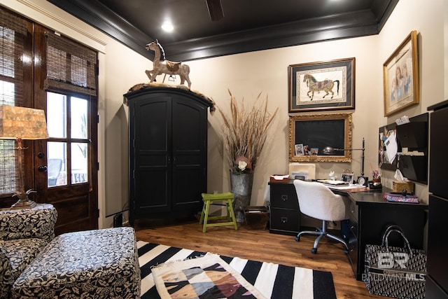 office area with crown molding and hardwood / wood-style floors