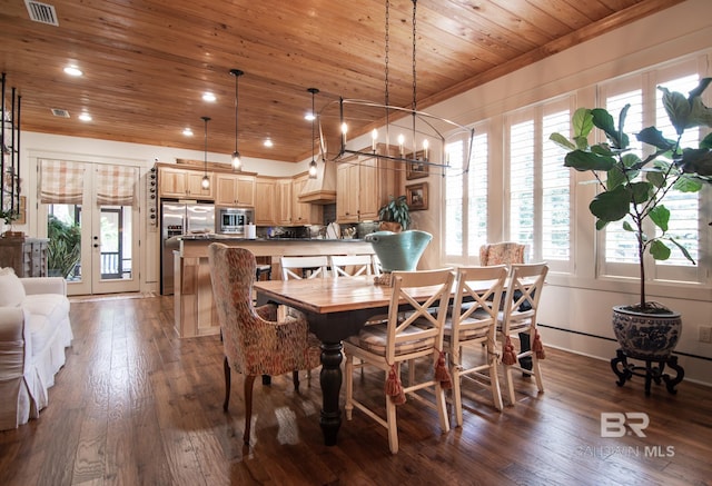 dining space featuring wood ceiling, french doors, and wood-type flooring