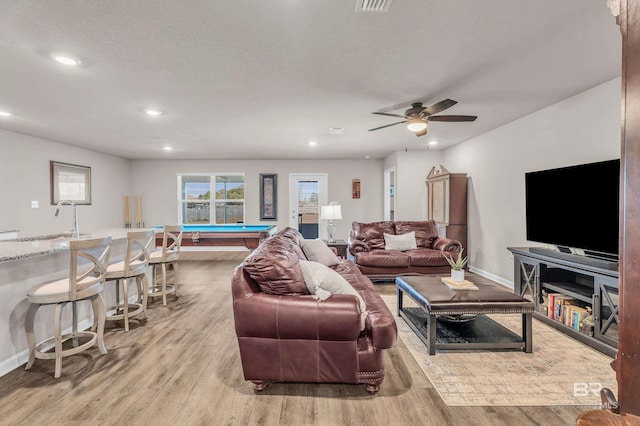 living area with recessed lighting, ceiling fan, light wood-type flooring, billiards, and baseboards