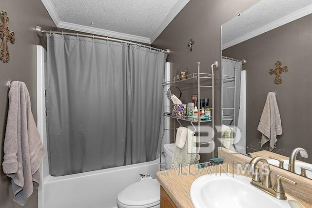 23530 Arbor Creek Dr, Robertsdale, AL 36567 - bathroom with ornamental molding, vanity, toilet, a textured ceiling, and shower / bath combo with shower curtain