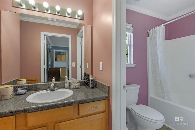 23530 Arbor Creek Dr, Robertsdale, AL 36567 - full bathroom featuring vanity, ornamental molding, toilet, and shower / tub combo with curtain