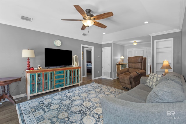 23530 Arbor Creek Dr, Robertsdale, AL 36567 - living area featuring baseboards, ceiling fan, wood finished floors, recessed lighting, and ornamental molding
