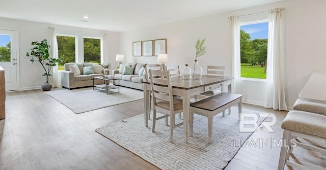 dining area with light wood-type flooring and a wealth of natural light