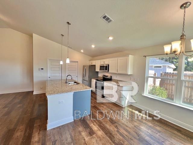 kitchen with white cabinetry, sink, a notable chandelier, decorative light fixtures, and appliances with stainless steel finishes