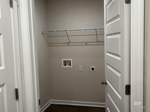 13710 Logan Pl, Foley, AL 36535 - laundry area featuring dark wood-style floors, electric dryer hookup, hookup for a washing machine, and baseboards