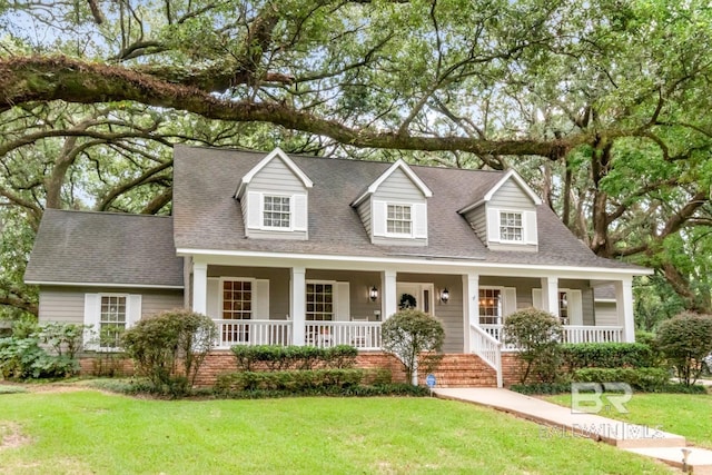 cape cod home featuring a front lawn and covered porch