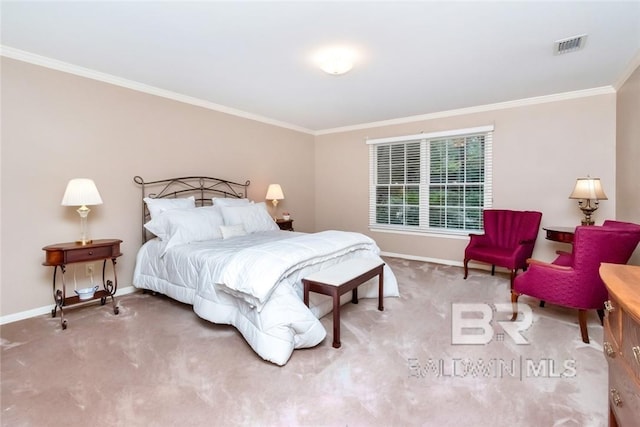 carpeted bedroom featuring ornamental molding