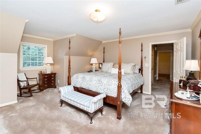 carpeted bedroom featuring ornamental molding