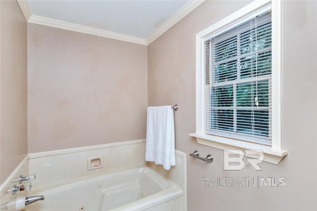 bathroom with a washtub and crown molding