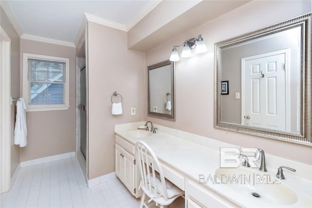 bathroom featuring tile patterned floors, dual vanity, and ornamental molding